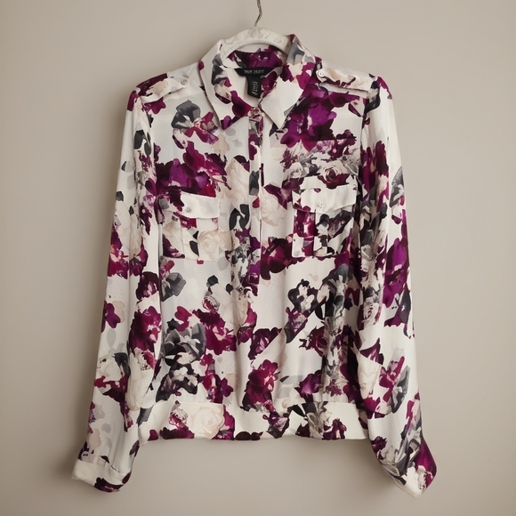 WHBM Floral Silk Button Up Blouse Collared Elastic Hem‎ Size 14P - Picture 2 of 12